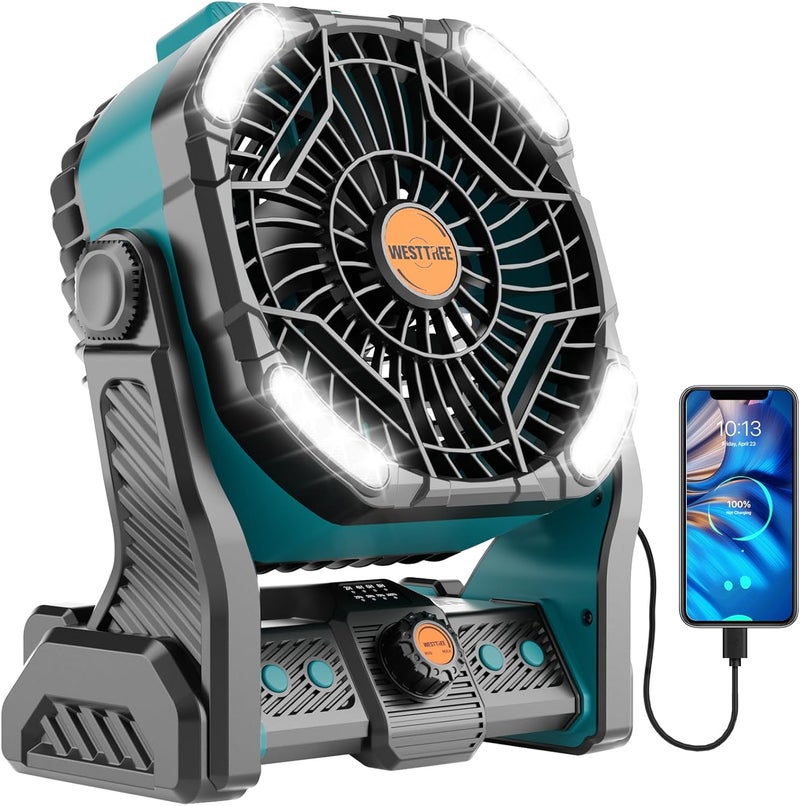 WESTTREE 20000mAh Battery powered fan Camping essentials,Rechargeable fan Portable Battery Operated Tent with Light & Hook X26A Cyan - Image 1
